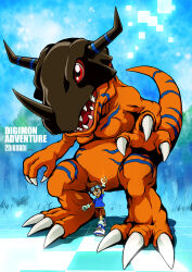 Rule 34 | 1boy, air+, blue skirt, brown hair, brown shorts, claws, copyright name, dated, digimon, digimon (creature), digimon adventure, digivice, dinosaur, forest, gloves, glowing, goggles, goggles on head, greymon, highres, horns, nature, open mouth, red eyes, sharp teeth, short hair, shorts, skirt, socks, teeth, walking, white footwear, white gloves, white socks, yagami taichi
