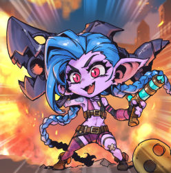 Rule 34 | 1girl, :d, alternate ears, alternate form, bare shoulders, belt, black gloves, blitzcrank, blue hair, braid, brown belt, brown footwear, colored skin, explosion, fang, fingerless gloves, gloves, gun, holding, holding gun, holding weapon, jinx (league of legends), league of legends, long hair, navel, open mouth, phantom ix row, pink eyes, pink thighhighs, pointy ears, purple skin, revision, rocket launcher, shoes, single thighhigh, smile, solo, standing, stomach, thighhighs, twin braids, twintails, weapon, yordle