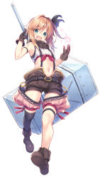 Rule 34 | 1girl, arm strap, black gloves, black thighhighs, blush, brown hair, full body, gloves, green eyes, hair between eyes, hammer, highres, holding, holding hammer, holding weapon, looking at viewer, navel, nozomi tsubame, open mouth, original, scarf, shorts, single thighhigh, sleeveless, solo, suspender shorts, suspenders, thigh strap, thighhighs, weapon, white background
