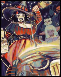 Rule 34 | 2girls, black hair, breasts, cauldron, cleavage, earrings, fangs, hat, highres, jewelry, large breasts, limited palette, long hair, multiple girls, original, picote, pointy ears, red eyes, red hair, short hair, teeth, upper teeth only, witch hat