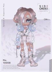 Rule 34 | 1girl, absurdres, agent 8 (splatoon), bandaid, bandaid on knee, bandaid on leg, blue hair, bodysuit, boots, border, brown hair, character name, commentary, copyright name, covered navel, cropped jacket, dark-skinned female, dark skin, ear piercing, end (7 d w), english text, eyepatch, full body, gradient hair, grey background, grey eyes, highres, jacket, medical eyepatch, medium hair, multicolored hair, nintendo, octoling, octoling girl, octoling player character, outside border, parted lips, piercing, puffy sleeves, see-through, see-through jacket, see-through sleeves, shadow, sleeveless, sleeveless bodysuit, socks, solo, splatoon (series), splatoon 3, splatoon 3: side order, standing, tag, tentacle hair, thick eyebrows, two-tone background, two-tone hair, white background, white bodysuit, white border, white footwear, white socks, zipper, zipper pull tab