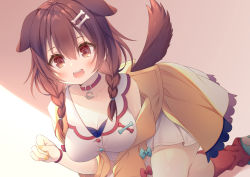 Rule 34 | 1girl, :3, animal collar, animal ears, anju (mocomocousagi), blue bow, blush, bone hair ornament, bow, braid, breasts, brown eyes, brown hair, collar, dog ears, dog girl, dog tail, fangs, hair between eyes, hair ornament, hairclip, highres, hololive, inugami korone, inugami korone (1st costume), jacket, large breasts, long hair, looking at viewer, loose socks, low twin braids, open mouth, red bow, red collar, red socks, shoes, smile, sneakers, socks, solo, tail, twin braids, virtual youtuber, wristband, yellow jacket