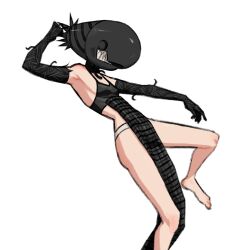 Rule 34 | 1girl, barefoot, black dress, black gloves, bomb devil (chainsaw man), breasts, chainsaw man, dress, elbow gloves, facing to the side, gloves, gurumo (twitter), leg up, pelvic curtain, reze (chainsaw man), simple background, small breasts, solo, spaghetti strap, white background