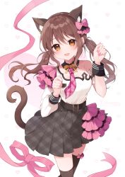 Rule 34 | 1girl, :d, animal ear fluff, animal ears, black thighhighs, bow, brown eyes, brown hair, cat ears, cat girl, cat tail, commentary request, commission, fujimiya kotoha, fukunoki tokuwa, grey skirt, hair between eyes, hair bow, hands up, heart, heart background, long hair, long sleeves, looking at viewer, nail polish, open mouth, palette project, pink bow, pink nails, plaid, plaid skirt, pleated skirt, puffy long sleeves, puffy sleeves, sample watermark, shirt, single sleeve, skeb commission, skirt, smile, solo, tail, thighhighs, twintails, very long hair, virtual youtuber, watermark, white background, white shirt, wrist cuffs