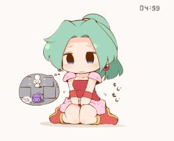 Rule 34 | 1girl, aqua hair, arrow (symbol), blue eyes, blush, boots, breasts, cat, chibi, closed mouth, collarbone, dress, earrings, embarrassed, female focus, final fantasy, final fantasy vi, full body, hair intakes, hair tie, hanomido, have to pee, japanese text, jewelry, long hair, panties, pantyshot, pink dress, ponytail, red footwear, red panties, short sleeves, simple background, sitting, small breasts, solo, sweat, sweatband, thought bubble, timestamp, tina branford, toilet, translation request, underwear, v arms, wariza, wavy mouth, white background