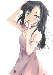 Rule 34 | 1girl, arm up, asymmetrical bangs, black choker, black hair, breasts, choker, cleavage, collarbone, cowboy shot, creatures (company), dress, game freak, green eyes, hair down, hand in own hair, hand up, long hair, looking to the side, marnie (pokemon), messy hair, mouth hold, nintendo, pendant choker, pink dress, pink ribbon, pokemon, pokemon swsh, ribbon, ribbon in mouth, simple background, small breasts, solo, strap slip, takenaka takeshi, white background