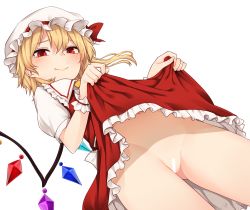 Rule 34 | 1girl, bar censor, blonde hair, blush, bow, censored, closed mouth, clothes lift, commentary, crystal, dress, dress lift, dutch angle, fang, flandre scarlet, frilled skirt, frills, from below, gluteal fold, hair between eyes, hat, hat ribbon, highres, lifted by self, looking at viewer, looking down, miyo (ranthath), mob cap, navel, no panties, one side up, open mouth, puffy short sleeves, puffy sleeves, red bow, red eyes, red ribbon, ribbon, short hair, short sleeves, simple background, skirt, smile, solo, standing, thighs, touhou, white background, white hat, wings