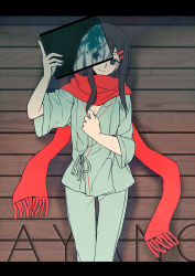 Rule 34 | 1girl, aki663, alternate costume, aqua pants, black eyes, black hair, blank eyes, breasts, character name, cleavage, enpera, fringe trim, hair ornament, hairclip, hand on own chest, hospital gown, inverted colors, kagerou project, letterboxed, long hair, looking at viewer, pants, red scarf, scarf, small breasts, smile, solo, tateyama ayano