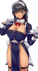 Rule 34 | 1girl, black hair, black shirt, black skirt, bow, bowtie, breasts, brown eyes, cleavage, closed mouth, covered navel, cowboy shot, crop top, cup, dark-skinned female, dark skin, detached collar, detached sleeves, gloves, gold trim, groin, hair ornament, hairclip, hand up, highres, large breasts, long hair, long skirt, long sleeves, looking at viewer, maid headdress, mole, mole on breast, mole under eye, no panties, original, pelvic curtain, ponytail, shirt, side slit, simple background, skirt, smile, solo, standing, strapless, strapless shirt, sukebewe, teacup, teapot, thigh strap, thighs, tray, white background, white gloves