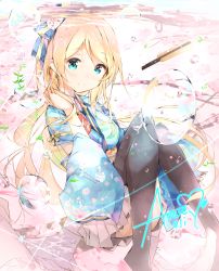 Rule 34 | 10s, 1girl, absurdres, alternate hairstyle, ayase eli, blonde hair, blue eyes, branch, bubble, character name, cherry blossoms, corsage, detached sleeves, floral print, hair ribbon, hand fan, hand on neck, highres, in water, japanese clothes, long hair, love live!, love live! school idol festival, love live! school idol project, ribbon, shouma (1026syoma), sitting, smile, solo, sparkle, sparkling eyes, thighhighs, water