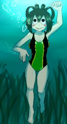 Rule 34 | 1girl, alternate hairstyle, arm up, armpits, artist name, asui tsuyu, bare shoulders, barefoot, beach, blush stickers, boku no hero academia, breasts, brown eyes, closed mouth, collarbone, covered navel, dark green hair, day, eyelashes, feet, female focus, fingernails, frog girl, full body, green hair, green one-piece swimsuit, highres, huge filesize, legs, long hair, long image, long tongue, looking up, medium breasts, nature, neck, nocunoct, ocean, one-piece swimsuit, outdoors, print swimsuit, shiny clothes, shiny skin, submerged, swimming, swimsuit, tall image, thighs, toenails, toes, tongue, tongue out, underwater, very long hair, water, wet, wide-eyed