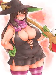 Rule 34 | 1girl, banjo-kazooie, belly, blush, breasts, broom, brown hair, cleavage, cookie (touhou), cosplay, costume, dress, earrings, embarrassed, eyebrows, fat, fat rolls, gloves, gruntilda&#039;s broomstick, gruntilda winkybunion, gruntilda winkybunion (cosplay), hat, highres, huge breasts, jewelry, kanna (cookie), long hair, looking at viewer, mature female, original, rareware, red eyes, scarf, solo, striped clothes, striped thighhighs, sweatdrop, thick eyebrows, thick thighs, thighhighs, thighs, tobatoinu, wide hips, witch, witch hat