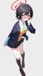 Rule 34 | 1girl, ayane (blue archive), black footwear, black hair, black jacket, black skirt, black socks, blue archive, blue necktie, blush, closed mouth, collared shirt, full body, glasses, grey background, halo, highres, holding, holding tablet pc, jacket, kneehighs, long sleeves, looking at viewer, necktie, open clothes, open jacket, plaid, plaid skirt, pleated skirt, pointy ears, red-framed eyewear, red halo, shirt, shoes, short hair, simple background, skirt, smile, socks, solo, tablet pc, vest, white shirt, yellow eyes, yellow vest, yon (letter)