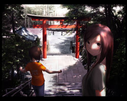 Rule 34 | 2girls, brown eyes, brown hair, hosimo, letterboxed, looking back, multiple girls, original, power lines, real world location, road, rope, scenery, shade, shimenawa, shrine, stairs, street, studio66, torii, traffic light, tree, tree shade, utility pole