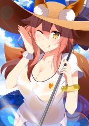 Rule 34 | 10s, 1girl, animal ears, breasts, cleavage, collarbone, ears through headwear, fate/extra, fate/grand order, fate (series), fox ears, fox tail, hat, large breasts, mush (mushlicious), one eye closed, parasol, pink hair, solo, tail, tamamo (fate), tamamo no mae (fate/extra), tamamo no mae (swimsuit lancer) (fate), tamamo no mae (swimsuit lancer) (first ascension) (fate), tongue, tongue out, umbrella, yellow eyes
