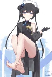 Rule 34 | 1girl, absurdres, bare legs, barefoot, black hair, blue archive, chinese clothes, double bun, feet, frown, hair bun, highres, kisaki (blue archive), legs, long hair, looking at viewer, soles, thighs, toes, twintails