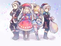 Rule 34 | 1girl, 3boys, ^ ^, aged down, androgynous, beret, black coat, black gloves, blonde hair, blue eyes, boots, bow, charles-henri sanson (fate), chevalier d&#039;eon (fate), child, closed eyes, coat, fate/grand order, fate (series), full body, fur trim, gift, gloves, hair bow, hat, long hair, marie antoinette (fate), mini hat, mini top hat, multiple boys, sack, santa costume, santa hat, silver hair, smile, star (symbol), starry background, top hat, twintails, wanko (takohati8), wolfgang amadeus mozart (fate)