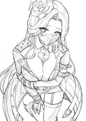 Rule 34 | 1girl, arm under breasts, belt, blush, breasts, coat, collar, fingerless gloves, flower, garter straps, gloves, goddess of victory: nikke, greyscale, hair flower, hair ornament, highres, knife sheath, large breasts, lock, long hair, looking at viewer, maiden (nikke), mask, monochrome, mouth mask, parted bangs, sheath, shoulder spikes, simple background, solo, spikes, thighhighs, white background, yougenko