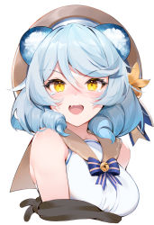 Rule 34 | 1girl, :d, andychen, animal ears, blue bow, blue bowtie, blue hair, blush, bow, bowtie, brown sailor collar, copyright request, cropped torso, fang, hair between eyes, hat, highres, medium hair, open mouth, revision, sailor collar, shirt, simple background, skin fang, sleeveless, sleeveless shirt, smile, solo, tearing up, upper body, virtual youtuber, white background, white shirt, yellow eyes
