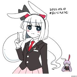 Rule 34 | 2girls, animal ears, black eyes, black hairband, black jacket, blazer, bright pupils, closed mouth, collared shirt, commentary request, cosplay, crescent, crescent pin, dated, ghost, hairband, highres, hoshii 1213, index finger raised, jacket, konpaku youmu, konpaku youmu (ghost), long hair, long sleeves, looking at viewer, multiple girls, necktie, purple hair, rabbit ears, red necktie, reisen udongein inaba, reisen udongein inaba (cosplay), shirt, simple background, solo focus, touhou, twitter username, white background, white hair, white pupils, white shirt