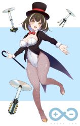 Rule 34 | 1girl, :d, aderi, arknights, black coat, black hair, black hat, blue background, blush, bow, bowtie, brown eyes, cane, coat, commentary, drone, fishnet pantyhose, fishnets, full body, hat, head tilt, highres, leotard, leotard under clothes, long sleeves, looking at viewer, magallan (arknights), multicolored hair, open mouth, pantyhose, red bow, red bowtie, rhine lab logo, short hair, smile, solo, streaked hair, top hat, two-tone background, white background, white hair, white leotard