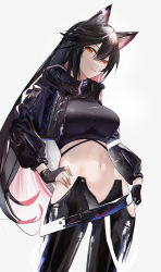 Rule 34 | 1girl, absurdres, ambience synesthesia, animal ears, arknights, black gloves, black hair, black jacket, black pants, black shirt, breasts, clenched teeth, commission, cowboy shot, cropped jacket, cropped shirt, fingerless gloves, gloves, hair between eyes, hand on own hip, highres, jacket, large breasts, long hair, looking at viewer, midriff, navel, no panties, omone hokoma agm, open clothes, open jacket, orange eyes, pants, parted lips, second-party source, shirt, solo, stomach, teeth, texas (arknights), v-shaped eyebrows, very long hair, wolf ears, wolf girl