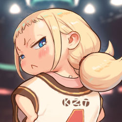 Rule 34 | 1girl, :&lt;, blonde hair, blue eyes, blush, child, commentary request, facing back, kozato (yu kozato), looking at viewer, low twintails, original, oversized clothes, shirt, short twintails, solo, twintails