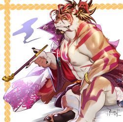 Rule 34 | 1boy, abashiri (abasirisippo), abs, bara, barefoot, bonsho (crave saga), bulge, claws, colored sclera, commentary request, crave saga, facial hair, fang, fang out, furry, furry male, goatee, highres, holding, holding smoking pipe, japanese clothes, looking at viewer, male focus, muscular, muscular male, pawpads, pectorals, red eyes, signature, smoking pipe, yellow sclera
