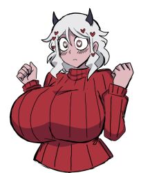 Rule 34 | 1girl, :&lt;, blush, breasts, bright pupils, demon girl, demon horns, ears, heart, heart-shaped pupils, helltaker, highres, horns, huge breasts, looking at viewer, modeus (helltaker), momijizx, red sweater, sidelocks, solo, standing, sweater, symbol-shaped pupils, taut clothes, taut sweater, thick thighs, thighs, turtleneck, turtleneck sweater, w arms, white background, white hair, white pupils