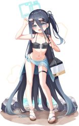 Rule 34 | 1girl, absurdly long hair, aris (blue archive), bag, bare shoulders, barefoot sandals (jewelry), beach, bikini, black bikini, blue archive, blue eyes, blue hair, blush, collarbone, dark blue hair, eyewear on head, flat chest, hair between eyes, halo, holding, holding bag, long hair, long hair between eyes, looking at viewer, mannack, navel, open mouth, sand, sandals, side ponytail, simple background, smile, solo, standing, sunglasses, swimsuit, thigh strap, toes, very long hair, white background