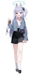 Rule 34 | 1girl, :d, absurdres, arm at side, bag, bare legs, black bow, black footwear, black skirt, blue archive, blue jacket, blush, bow, cellphone, denim, denim jacket, dot nose, drink, full body, hair bow, halo, hand up, handbag, high-waist skirt, highres, holding, holding drink, holding phone, jacket, leepy, long hair, long sleeves, looking at viewer, miniskirt, miyako (blue archive), one side up, open clothes, open jacket, open mouth, pencil skirt, phone, purple hair, shirt, shirt tucked in, shoes, sidelocks, skirt, smartphone, smile, socks, solo, white shirt, white socks