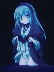 Rule 34 | 00s, 1girl, atsushima you, blue theme, clothes lift, dark, dress, dress lift, no panties, pussy, pussy juice, rozen maiden, skirt, skirt lift, solo, submerged, suigintou, wading, water