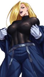 Rule 34 | 1girl, absurdres, blonde hair, blue eyes, breasts, female focus, fullmetal alchemist, gloves, hair over one eye, highres, lips, long hair, medium breasts, olivier mira armstrong, solo, sotcho, sweat, undressing