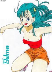 Rule 34 | 1girl, :d, aqua hair, armpits, bare arms, bare legs, bare shoulders, blue eyes, breasts, bulma, character name, cleavage, clenched hand, collarbone, dated, dragon ball, dragon ball (classic), female focus, floating hair, hair bobbles, hair ornament, happy, jumping, legs, long hair, looking at viewer, medium breasts, neck, open mouth, orange shorts, red tube top, shoes, shorts, side ponytail, simple background, smile, sneakers, solo, strapless, thighs, tube top, white background