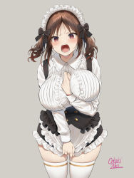 Rule 34 | 1girl, black skirt, blush, breasts, brown eyes, brown hair, buttons, covering crotch, covering privates, dress shirt, frills, highres, large breasts, long hair, long sleeves, looking at viewer, maid headdress, oekakizuki, open mouth, original, parted bangs, shirt, sidelocks, simple background, skindentation, skirt, thick thighs, thighhighs, thighs, twintails, white thighhighs
