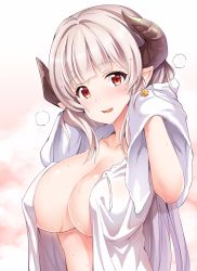 Rule 34 | 10s, 1girl, alicia (granblue fantasy), bad id, bad twitter id, blush, breasts, collarbone, covered erect nipples, draph, earrings, granblue fantasy, highres, horns, jewelry, katoo hironobu, large breasts, long hair, looking at viewer, open clothes, open mouth, pointy ears, red eyes, shirt, silver hair, simple background, smile, solo, towel, white background, white shirt