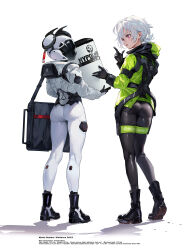 Rule 34 | 1girl, 1other, ambiguous gender, ass, black bodysuit, black footwear, bodysuit, boots, full body, harusame tsubaki, highres, index finger raised, looking at another, original, parted lips, pink eyes, short hair, simple background, white background, white bodysuit, white hair