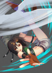 Rule 34 | 1girl, bare shoulders, belt, belt buckle, black hair, breasts, brown eyes, brown hair, buckle, commentary request, cropped sweater, dargain x, final fantasy, final fantasy vii, final fantasy vii rebirth, final fantasy vii remake, fingerless gloves, full body, gloves, green sweater, headband, kneehighs, looking at viewer, midriff, navel, open mouth, orange footwear, orange gloves, outstretched hand, short hair, shorts, sleeveless, sleeveless turtleneck, small breasts, smile, socks, solo, sweater, thigh strap, turtleneck, turtleneck sweater, upside-down, white socks, yuffie kisaragi