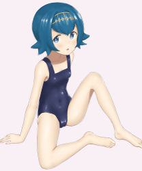 Rule 34 | 1girl, arm support, barefoot, blue eyes, blue hair, blush, breasts, collarbone, commentary request, covered navel, creatures (company), feet, game freak, gold hairband, hairband, highres, lana (pokemon), looking at viewer, nintendo, open mouth, pink background, pokemon, pokemon sm, sc naru, school swimsuit, shiny clothes, short hair, simple background, sitting, small breasts, solo, spread legs, swimsuit, thighs, toes