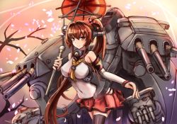 Rule 34 | 10s, 1girl, antennae, bare shoulders, black thighhighs, breasts, brown eyes, brown hair, cannon, cherry blossoms, detached sleeves, female focus, flower, hair flower, hair ornament, kantai collection, large breasts, long hair, long sleeves, machinery, mecha musume, miniskirt, petals, pleated skirt, ponytail, shirt, single thighhigh, skirt, smile, solo, sumapan, thighhighs, very long hair, yamato (kancolle), zettai ryouiki