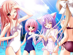 Rule 34 | 4girls, animal ears, bikini, blonde hair, bow, bowtie, brown eyes, cafe little wish, cat ears, cat tail, closed eyes, day, duplicate, flat chest, from behind, game cg, karen (cafe little wish), lily (cafe little wish), long hair, merun, mina (cafe little wish), multiple girls, non-web source, one-piece swimsuit, one eye closed, pink hair, ponytail, purple hair, red eyes, red hair, school swimsuit, short hair, splashing, swimsuit, tail, tinker bell (pixiv 10956015), water, wink