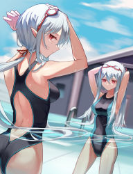 Rule 34 | 2girls, arknights, arms up, ass, back, back cutout, bare arms, bare shoulders, black one-piece swimsuit, blue sky, breasts, building, chinese commentary, closed mouth, clothing cutout, commentary request, competition swimsuit, cube (cuberoot-of-e), day, from behind, gladiia (arknights), goggles, goggles on head, grey hair, hair between eyes, hair ribbon, highres, large breasts, long hair, looking at viewer, looking back, low ponytail, medium breasts, multiple girls, one-piece swimsuit, outdoors, partially submerged, partially underwater shot, pointy ears, pool, pool ladder, red eyes, red ribbon, ribbon, skadi (arknights), sky, swimsuit, underwater, water