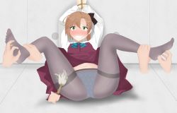 Rule 34 | 10s, 1girl, akigumo (kancolle), arms up, artist request, ass, bdsm, black bow, black pantyhose, blue bow, blue panties, blush, bondage, bound, bow, brown hair, brush, clenched teeth, disembodied hand, feet, full body, green eyes, grey background, hair bow, hair ornament, highres, indoors, kantai collection, legs up, long sleeves, looking at viewer, lying, navel, on back, own hands together, panties, panties under pantyhose, pantyhose, red skirt, rope, school uniform, see-through, serafuku, shirt, short hair, simple background, skirt, solo, spread legs, tears, teeth, thighband pantyhose, tickling, underwear, upskirt, vest, white shirt