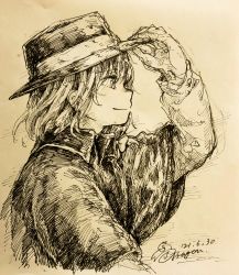 Rule 34 | 1girl, black headwear, capelet, closed mouth, fedora, hat, highres, holding, holding clothes, holding hat, j-dragon, long sleeves, monochrome, short hair, signature, smile, touhou, traditional media, usami renko
