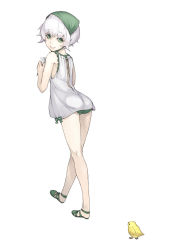 Rule 34 | 1girl, ass, bad id, bad pixiv id, bird, child, green eyes, hat, headdress, highres, neco, nier, nier (series), sandals, short hair, simple background, smile, solo, source request, white background, white hair, yonah