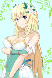 Rule 34 | 10s, 1girl, ama (ama zumi3), bare shoulders, blonde hair, blue eyes, blush, bracelet, braid, breast hold, breasts, bridal gauntlets, cleavage, dress, female focus, flower, french braid, hair flower, hair ornament, highres, jewelry, large breasts, long hair, looking at viewer, neck, necklace, neptune (series), purple eyes, smile, solo, strapless, strapless dress, vert (neptunia), very long hair
