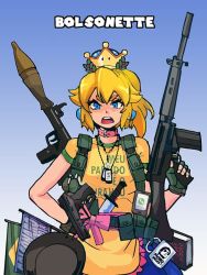 Rule 34 | 1girl, angry, animal collar, apron, artist request, backpack, bag, belt collar, blonde hair, blue skirt, book, bowsette, brazil, brazilian flag, cellphone, check commentary, clothes writing, collar, commentary, commentary request, cowboy shot, cross, cross necklace, crown, cup, earrings, explosive, facing viewer, flag, frilled apron, frills, gender request, genderswap, gloves, grenade, gun, hat, holding, holding gun, holding weapon, jair bolsonaro, jewelry, knife, logo, looking at viewer, mario (series), necklace, new super mario bros. u deluxe, nintendo, parody, phone, pink collar, politics, portuguese commentary, princess peach, real life, rifle, rocket launcher, rpg, rpg-7, rpg (weapon), sergio moro, shirt, skirt, smartphone, standing, super crown, tag, transformation, weapon, whatsapp, writing, yellow apron, yellow shirt