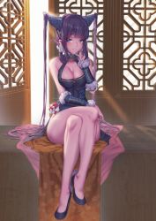 Rule 34 | 1girl, backlighting, bare shoulders, black dress, black footwear, blue eyes, blunt bangs, blush, breasts, china dress, chinese clothes, cleavage, collarbone, crossed legs, detached sleeves, dress, fate/grand order, fate (series), floral print, hair ornament, hand in own hair, high heels, highres, large breasts, leaf hair ornament, legs, long hair, looking at viewer, parted lips, proudsoul, purple hair, sidelocks, sitting, solo, twintails, very long hair, yang guifei (fate), yang guifei (second ascension) (fate)