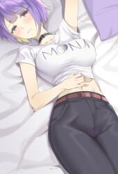 Rule 34 | 1girl, absurdres, arm up, bed, belt, black choker, black pants, breasts, byeon dha, character name, choker, clothes writing, colored inner hair, english text, gradient eyes, highres, hololive, hololive indonesia, large breasts, moona hoshinova, moona hoshinova (3rd costume), moona hoshinova (casual), multicolored eyes, multicolored hair, navel, official alternate costume, on bed, pants, pillow, purple eyes, purple hair, shirt, short hair, solo, t-shirt, virtual youtuber, white shirt