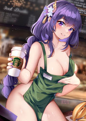 Rule 34 | 1girl, apron, banana, bare arms, bare shoulders, blurry, blurry background, blush, breasts, cleavage, coffee cup, collarbone, commentary, cowboy shot, cup, disposable cup, english commentary, food, fruit, genshin impact, green apron, grin, groin, hair ornament, highres, holding, holding cup, indoors, large breasts, long braid, long hair, looking at viewer, mole, mole under eye, nail polish, naked apron, purple eyes, purple hair, purple nails, raiden shogun, smile, solo, squchan, standing, starbucks, thighs, very long hair
